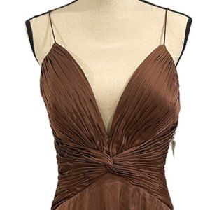 Mac Duggal Chocolate Brown Ruched Front Twist A Line Midi Dress